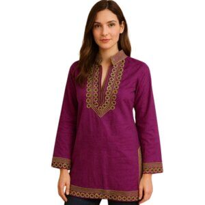 Tory Burch Magenta Fushia Gold Embroidered Beaded Button Trim Tunic Size 4